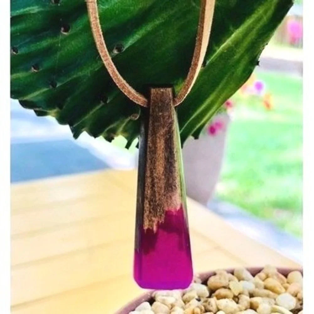 Handmade Wood‎ and Magenta Resin Geometric Bar Pendant Necklace Tan Cord